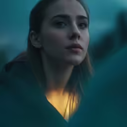 a woman with blue eyes staring at something