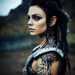 a woman with a black and white dress on a hill