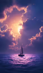 a sailboat with white sails is in the distance in front of an almost cloudy sky