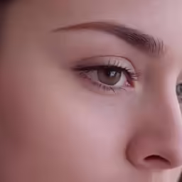 a woman has beautiful brown eyes while she brushes her teeth