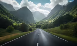 a road through a lush green valley with tall mountains