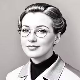 black and white photograph of a woman wearing glasses