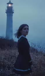woman in dress looking at lighthouse with fog