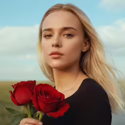 a woman is holding a red rose outside