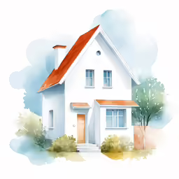 a home with a red roof on the corner of it