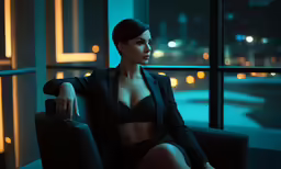 woman in black suit and high heels sitting on a chair