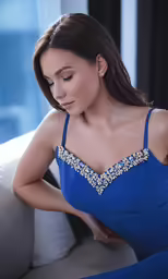 a woman in a dress sits on a couch