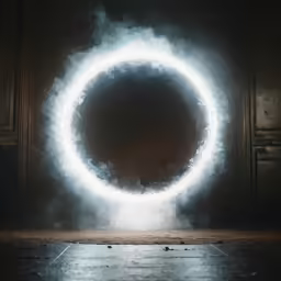 there is a black and white circle with smoke around it