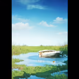 a painting of a small boat in a lagoon