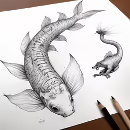 an ink drawing of a fish with two different features
