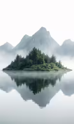 an island with mountains on it surrounded by fog