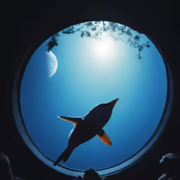 looking through a circle at the reflection of the sky and birds