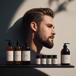 a man with five different bottle shapes in front of him