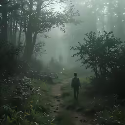 man walking alone down a small trail in the forest