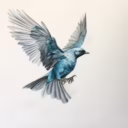 a blue bird with its wings spread out flying,an illustration shows a blue bird with grey wings spread in the wind