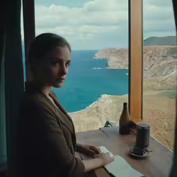 woman staring at camera with ocean view and window