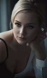 the beautiful blonde girl in the dark is looking into the camera