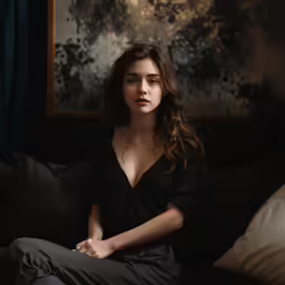 a woman sitting on top of a couch near a painting