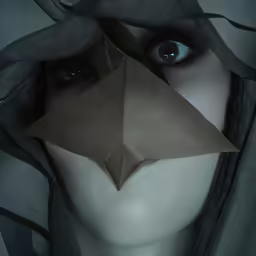 a woman with dark hair has a big paper nose