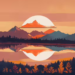 the mountain range is silhouetted by an orange, pink and blue sunset,a painting of trees, hills and the sun