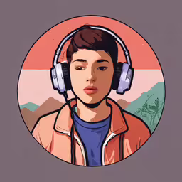 a person wearing headphones and jacket, standing in front of a mountain,a man in headphones with mountains behind him