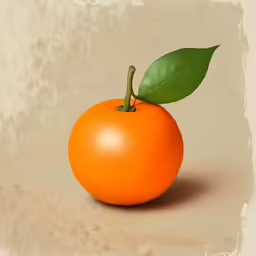 an orange with green leaves sitting on top of it