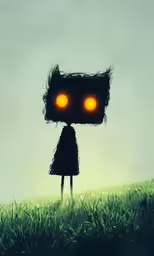 a little girl in a grassy field with yellow eyes