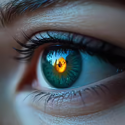 the blue eye of a woman with yellow eyeliner