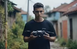 a man holds a camera in his hands