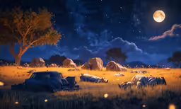 some old cars laying in the grass by a full moon