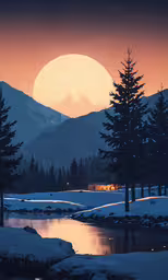 the moon is setting over mountains and water with pine trees,a beautiful view of snow and some trees