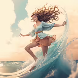 a girl wearing a dress and standing on a surfboard