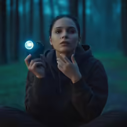 girl holding a flashlight in a woods with trees
