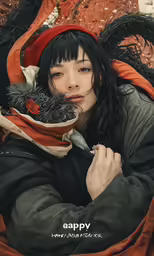 an asian woman wearing a red and black hat