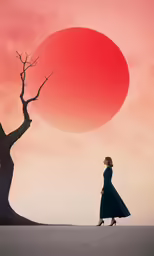 a woman in a blue dress standing under a red sun