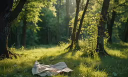 a piece of cloth laying in a grass covered field