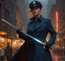 a woman in a trench coat holding two swords,woman dressed in an all black outfit holding a huge sword