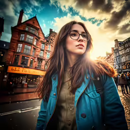 a woman in glasses is standing on the street