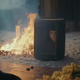 an open fire is set in the ground with two people in it