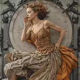 a woman wearing an elegant dress poses on the ground