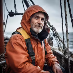 a man wearing a hooded coat on a boat