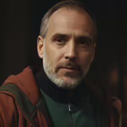 a man with graying hair wearing a green shirt and brown jacket