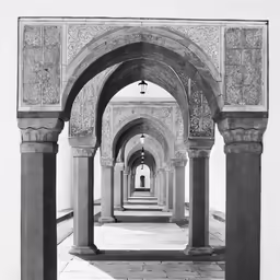 black and white photo of archways leading into a courtyard