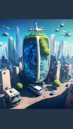 a view of a futuristic city from the air