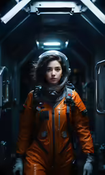 the woman in an orange astronaut suit walks through a sci - ficent
