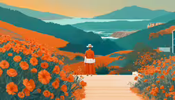 an image of a woman standing at the top of a hill,woman standing at a pathway overlooking a valley with flowers