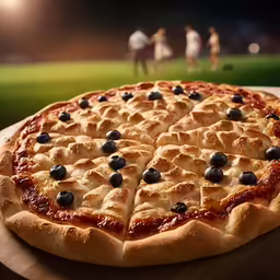 a pizza on a wooden board near some other people in the background