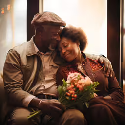 a couple sitting close together on the couch,a man hugs a woman who is holding flowers