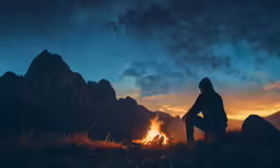 a person siting next to a campfire at night