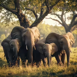 several elephants gather underneath trees to drink from the water